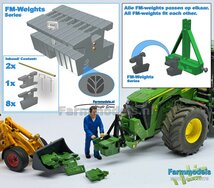 FM-Weight: (Front-) Gewicht platen set NH LOGO OPDRUK, RESIN:  8x gewichtplaten + 1x Trekoog-plaat + diverse Trekhaak pinnen + 2x Messing as  1:32