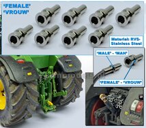 8x VROUW koppelingen RVS STAAL, geschikt voor MAN hydroliek koppeling met een leiding van Ø 1 mm, echt koppelbaar RVS Staal Farmmodels Premium Line  1:32    