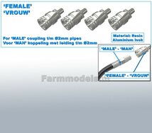4x VROUW koppelingen, geschikt voor MAN koppeling met leiding van Ø 1 mm  3D geprint kunststof aluminium gespoten geleverd  1:32    