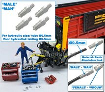 4x MAN koppelingen, geschikt voor hydroliek leiding van Ø 0.5 mm  3D geprint kunststof aluminium gespoten geleverd 1:32     