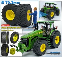 JD 8R 410: 2x Michelin Axiobib2  Ø  70.3 x 30.4 mm Banden + RESIN Velgen JOHN DEERE GEEL gespoten  1:32 Farmmodels Premium Line Series 