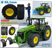 JD 8R 410: 2x Michelin Axiobib2  Ø  55.1 x 25.8 mm Banden + RESIN Velgen JOHN DEERE GEEL gespoten  1:32  Farmmodels Premium Line Series 