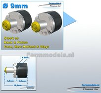 2x  CASE-NH-STEYR STEEK-ASSEN   Ø 9mm t.b.v. ACHTERAS ALUMINIUM+ZWART+GEEL Gespoten Geleverd  1:32  Farmmodels Premium Line Series