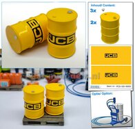 2x JCB OLIEDRUMS + 3x losse doppen OLIEDRUMS Resin INDUSTRIE GEEL gespoten geleverd + JCB Pré-Cut Decal stickersets 1:32