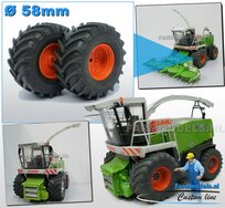 UNIVERSEEL: Brede banden Ø 58 x 28 mm + ALUMINIUM velgen CLAAS ORANJE gespoten geleverd 1:32 Farmmodels Custom Line Series 