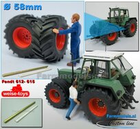 FENDT 612- 615 WeiseToys: Brede banden Ø 58 x 28 m + ALU. velgen FENDT ROOD Gespoten+  Ø3 mm as + U-profiel 1:32 Farmmodels Custom Line Series   