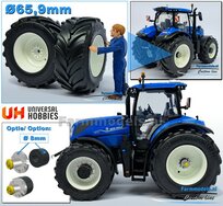 NEW HOLLAND T7.300 BLUE UH: 2x Brede Banden Ø 65.9 x 29.2 mm + ALU. Velgen NEW HOLLAND WIT Gespoten 1:32 Farmmodels Custom Line Series  