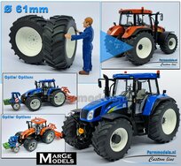 NH T7550 BLUE: 2x Brede Banden Ø 61 x 25 mm + ALUMINIUM velgen NEW HOLLAND WIT Gespoten geleverd 1:32 Farmmodels Custom Line Series  