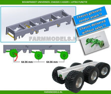 Universeel 3-as chassis met liftas functie, asafstand 64.06 mm (1:1 = 2050 mm) perfect als basis voor je zelfbouwchassis, 1:32, geleverd zonder assen / banden!!!                    