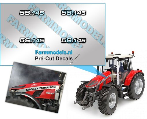 Massey Ferguson Typenr. 5S.145 Pré-Cut Decals,  Geschikt voor motorkap MF 5S UH 6304, Farmmodels.nl, 1:32