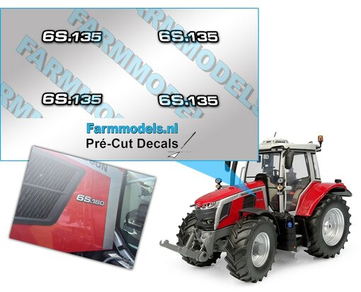 Massey Ferguson Typenr. 6S.135 Pré-Cut Decals,  Geschikt voor motorkap MF 6S UH 6459, Farmmodels.nl, 1:32