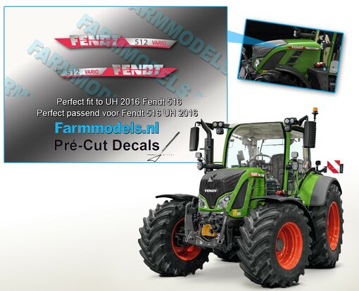 FENDT  512 Vario GENERATIE 3 stickers, Geschikt voor Fendt 516 Universal Hobbies motorkap laatste model 2016, Pré-Cut Decals 1:32 Farmmodels.nl