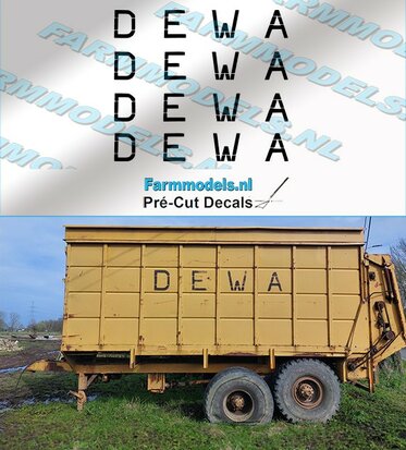 4x DEWA logo oud in zwart geprint  13mm hoog x 75mm breed. Pré-Cut Decals 1:32 Farmmodels.nl