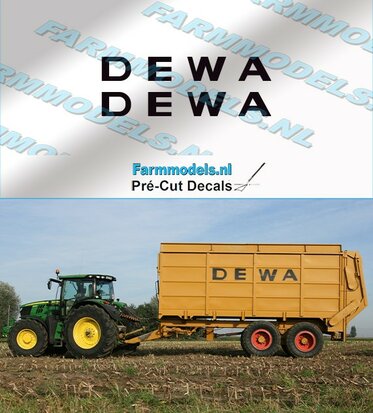 2x DEWA logo oud in zwart geprint  9mm hoog x 63mm breed. Pré-Cut Decals 1:32 Farmmodels.nl