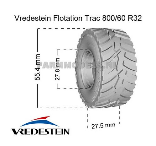 JOSKIN MODULO: 2x Vredestein Flotation Trac 800/60 R32 Banden &Oslash; 55.4 mm met ZWART gespoten Velgen + 2 OPVULRINGEN  1:32               