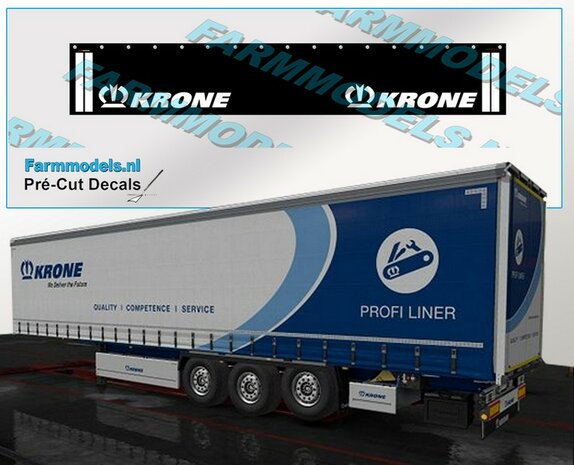 KRONE Spatlapsticker 2x logo en witte strepen op ZWART MATT folie 78.5 x 14.5 mm Pr&eacute;-Cut Decals 1:32 Farmmodels.nl 