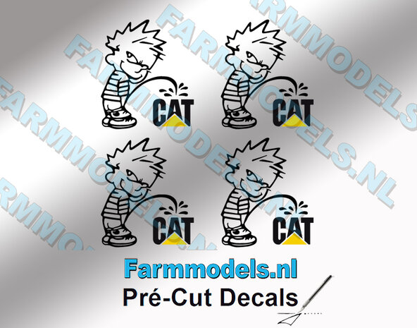 4x PISS ON Calvin 15mm hoog V1 ZWART + CAT logo KLEUR stickers op Transparant Pr&eacute;-Cut Decals 1:32 Farmmodels.nl 