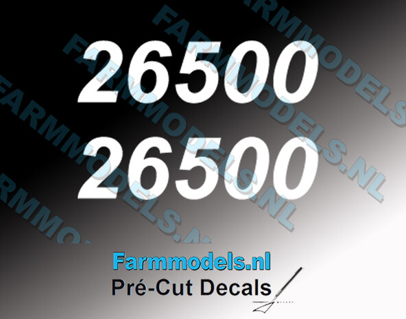 Peecon 26500 type nummer wit, 2x op TRANSPARANTE folie, 5,2 x 20,4 mm, Pr&eacute;-Cut Decals 1:32 Farmmodels.nl