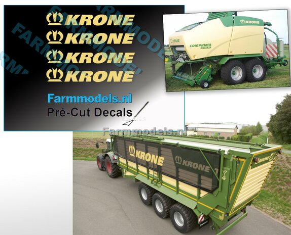 Krone logo met kroon. Cr&egrave;me-kleur op Transparante folie. 4,5 x 28 mm. Pr&eacute;-Cut Decals 1:32 Farmmodels.nl 