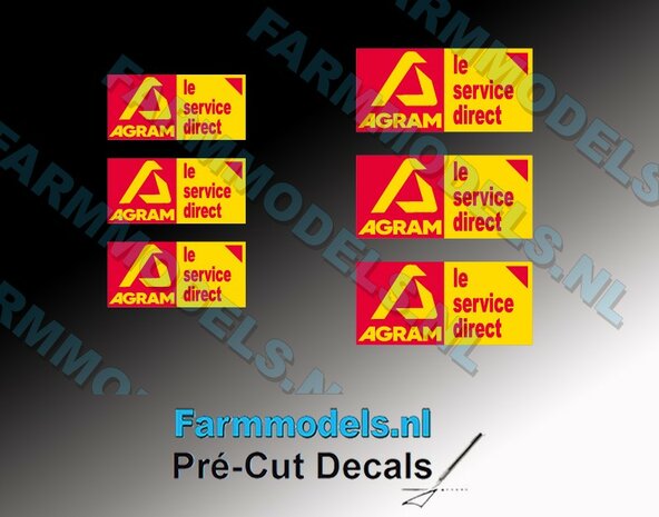 AGRAM Service logo op Transparante folie 3x 10x5mm, 3x 8x4mm Pr&eacute;-Cut Decals 1:32 Farmmodels.nl 