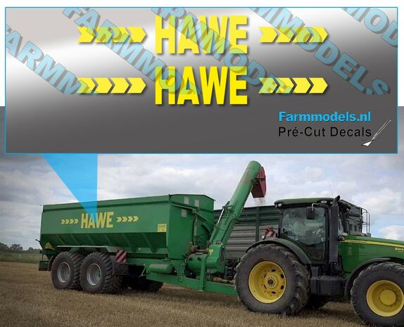 HAWE logo 18,4 x 123 mm in geel tbv o.a. ULW  Pr&eacute;-Cut Decals 1:32 Farmmodels.nl 