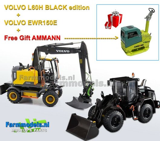 COMBISET: BLACK EDITION VOLVO L60H Shovel + VOLVO EWR150E  + FREE AMMANN  1:32 AT3200119 + AT3200100  NB2B  