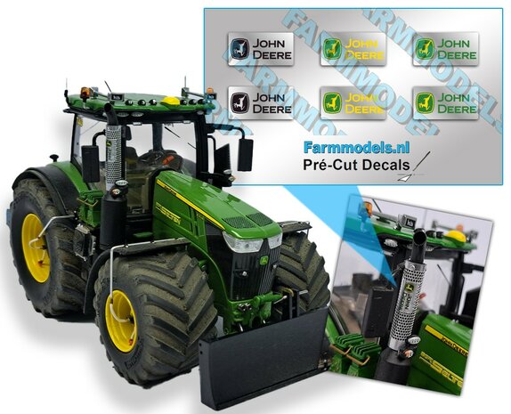 3x 2 stuks assorti stickers John Deere tbv Beschermkap voor Uitlaat chrome Pré-Cut Decals, Farmmodels.nl, 1:32