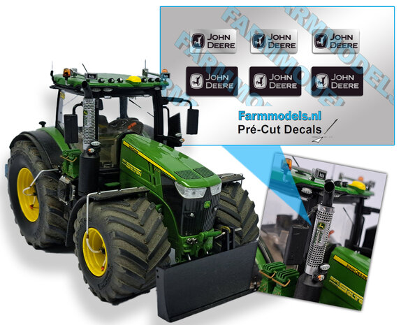 3x 2 stuks assorti stickers John Deere tbv Beschermkap voor Uitlaat chrome/ Zwart Pré-Cut Decals, Farmmodels.nl, 1:32