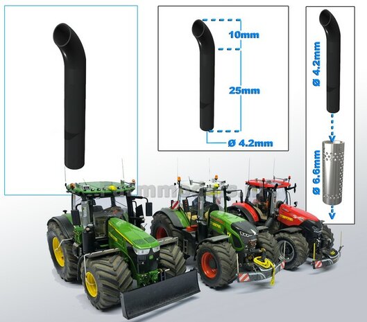 Uitlaat pijp met bocht ZWART gespoten &Oslash; 4,2 mm x 35 mm, geschikt voor beschermkap serie met &Oslash; 6,6 mm   1:32  