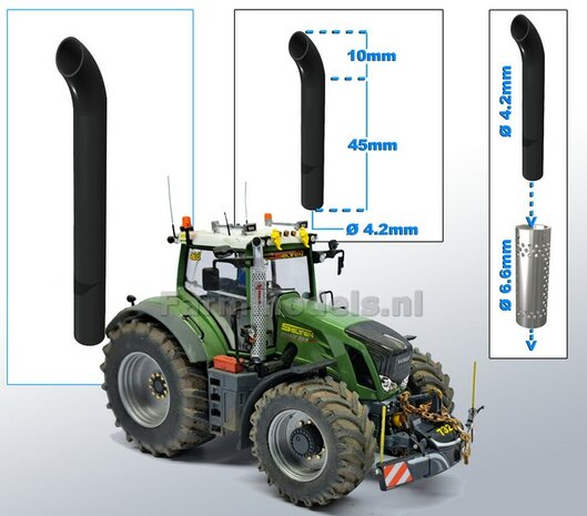 Uitlaat pijp met bocht ZWART gespoten &Oslash; 4,2 mm x 55 mm, geschikt voor beschermkap serie met &Oslash; 6,6 mm   1:32  