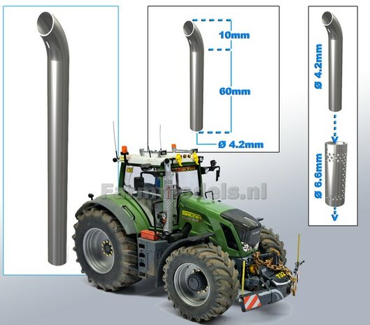 Uitlaat pijp met bocht CHROOM gespoten &Oslash; 4,2 mm x 70 mm, geschikt voor beschermkap serie met &Oslash; 6,6 mm   1:32  