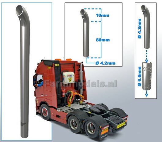 Uitlaat pijp met bocht CHROOM gespoten &Oslash; 4,2 mm x 90 mm, geschikt voor beschermkap serie met &Oslash; 6,6 mm   1:32  