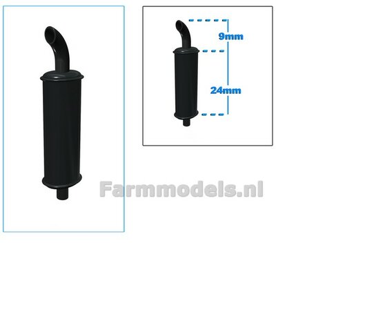 Uitlaat demper ovaal, ZWART gespoten Resin, met gebogen uitlaat lengte totaal ong. 35mm   1:32