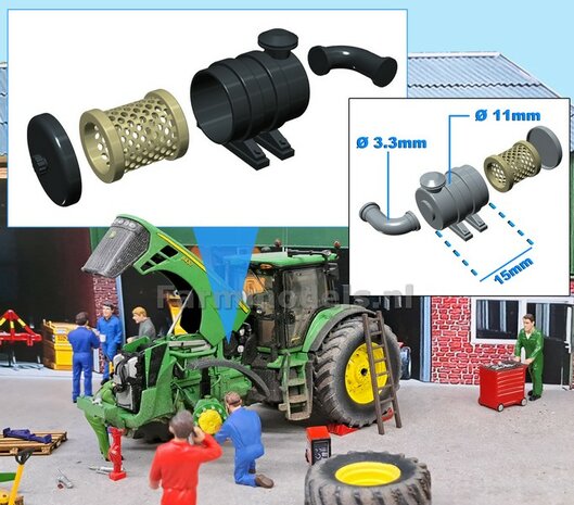 Luchtfilter Pot &Oslash; 11 mm x 15 mm + deksel + LOS Luchtfilter + los bochtstuk &Oslash; 3.3 mm  ZWART/ GRIJS Gespoten Resin geleverd 1:32