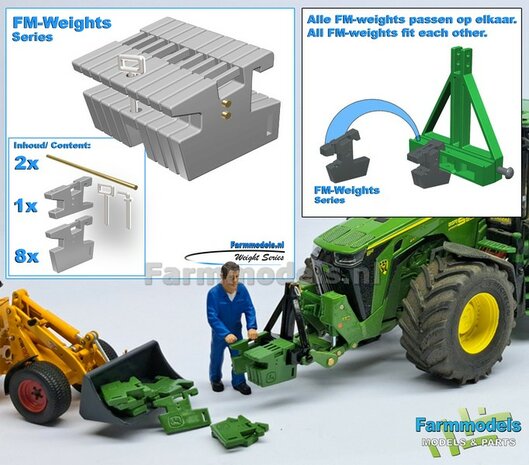 FM-Weight: (Front-) Gewicht platen set ZONDER OPDRUK, RESIN:  8x gewichtplaten + 1x Trekoog-plaat + diverse Trekhaak pinnen + 2x Messing as  1:32