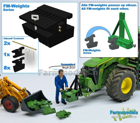 FM-Weight: (Front-) Gewicht platen set ZONDER OPDRUK, ZWART GESPOTEN:  8x gewichtplaten + 1x Trekoog-plaat + div. Trekhaak pinnen + 2x Messing as 1:32