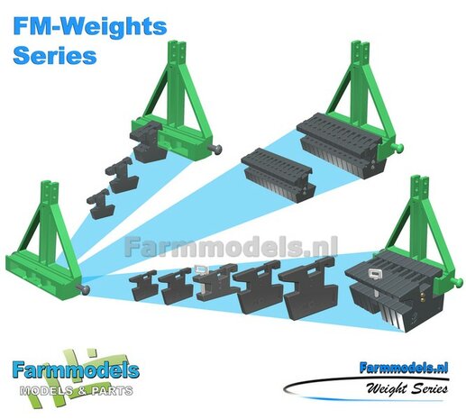 FM-Weight: (Front-) Gewicht platen set ZONDER OPDRUK, RESIN:  8x gewichtplaten + 1x Trekoog-plaat + diverse Trekhaak pinnen + 2x Messing as  1:32