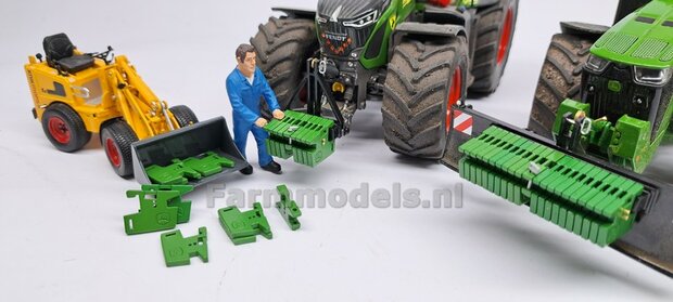 FM-Weight: (Front-) Gewicht platen set ZONDER OPDRUK, FENDT 942 CHASSIS GRIJS GESPOTEN:  8x gewichtplaten + 1x Trekoog-plaat + div. Trekhaak pinnen + 2x Messing as 1:32