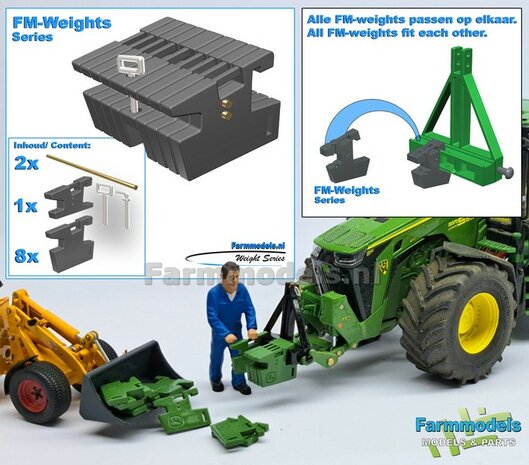 FM-Weight: (Front-) Gewicht platen set ZONDER OPDRUK, FENDT 942 CHASSIS GRIJS GESPOTEN:  8x gewichtplaten + 1x Trekoog-plaat + div. Trekhaak pinnen + 2x Messing as 1:32