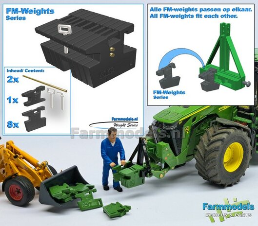 FM-Weight: (Front-) Gewicht platen set 40KG OPDRUK, (FENDT) DONKER GRIJS GESPOTEN:  8x gewichtplaten + 1x Trekoog-plaat + div. Trekhaak pinnen + 2x Messing as 1:32