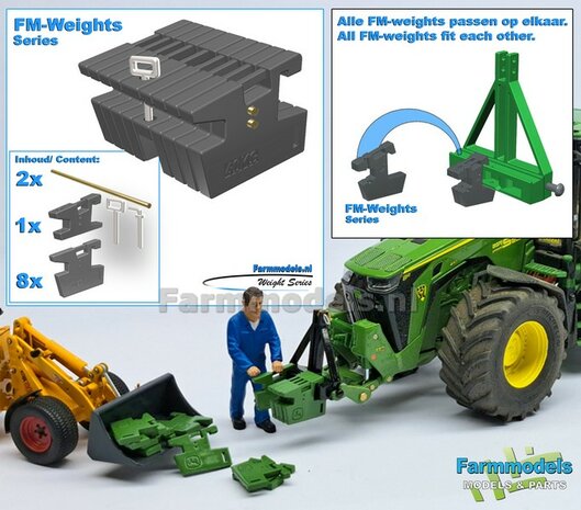 FM-Weight: (Front-) Gewicht platen set 40KG OPDRUK, FENDT 942 CHASSIS GRIJS GESPOTEN:  8x gewichtplaten + 1x Trekoog-plaat + div. Trekhaak pinnen + 2x Messing as 1:32