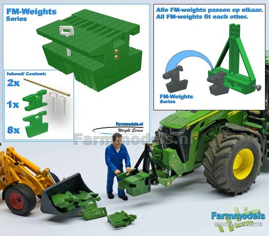 FM-Weight: (Front-) Gewicht platen set 40KG OPDRUK, JD 7810 OUD GROEN GESPOTEN:  8x gewichtplaten + 1x Trekoog-plaat + div. Trekhaak pinnen + 2x Messing as 1:32