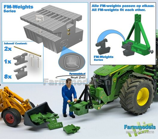 FM-Weight: (Front-) Gewicht platen set JD HERT SPRINGEND OMHOOG OPDRUK, RESIN:  8x gewichtplaten + 1x Trekoog-plaat + diverse Trekhaak pinnen + 2x Messing as  1:32