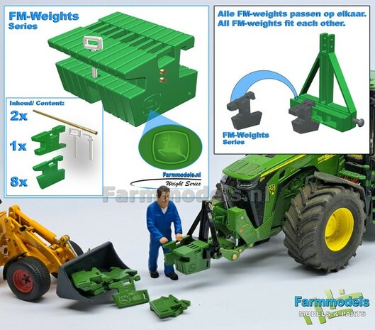 FM-Weight: (Front-) Gewicht platen set JD HERT SPRINGEND OMHOOG OPDRUK, JD 7R 310 GROEN GESPOTEN:  8x gewichtplaten + 1x Trekoog-plaat + div. Trekhaak pinnen + 2x Messing as 1:32