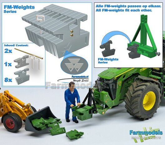 FM-Weight: (Front-) Gewicht platen set MF LOGO OPDRUK, RESIN:  8x gewichtplaten + 1x Trekoog-plaat + diverse Trekhaak pinnen + 2x Messing as  1:32