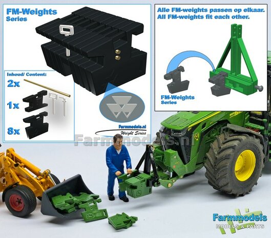 FM-Weight: (Front-) Gewicht platen set MF LOGO OPDRUK, ZWART GESPOTEN:  8x gewichtplaten + 1x Trekoog-plaat + div. Trekhaak pinnen + 2x Messing as 1:32