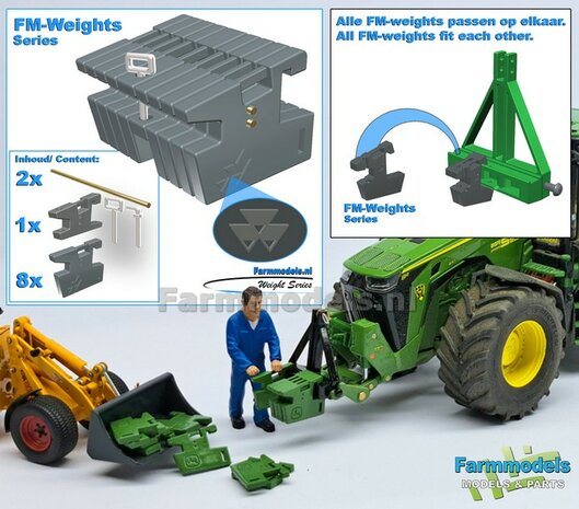 FM-Weight: (Front-) Gewicht platen set MF LOGO OPDRUK, MF 9S CHASSIS GRIJS GESPOTEN:  8x gewichtplaten + 1x Trekoog-plaat + div. Trekhaak pinnen + 2x Messing as 1:32