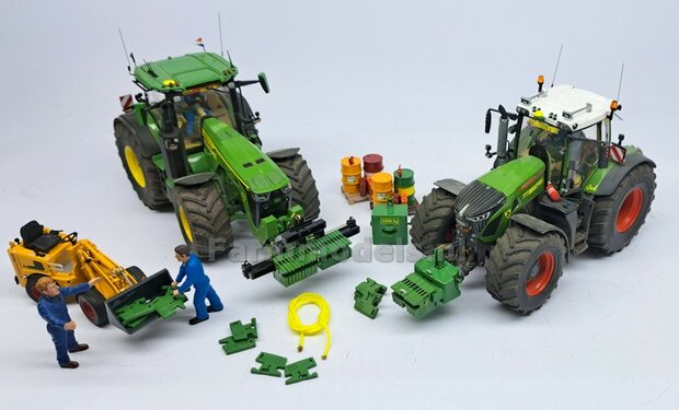 Gewichten drager chassis &quot;SMALL&quot; (FENDT) DONKER GRIJS GESPOTEN RESIN Vervanger fronthef, incl. diverse trekhaak pinnen in Alu. kleur  FM-Weight Series 1:32