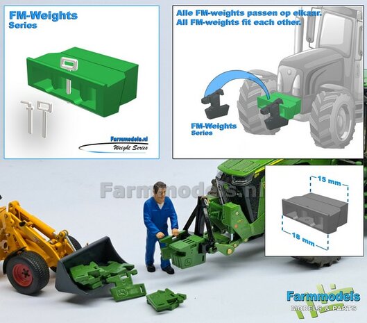 Gewichten drager chassis &quot;SMALL&quot; JD 7R 310 GROEN  GESPOTEN RESIN Vervanger fronthef, incl. diverse trekhaak pinnen in Al. kleur  FM-Weight Series:   1:32 