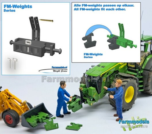 Gewichten drager BOK  &quot;NORMAL&quot; version FENDT 942 CHASSIS GRIJS GESPOTEN RESIN/ METAAL  incl. diverse trekhaak pinnen in Alu. kleur FM-Weight Series  1:32